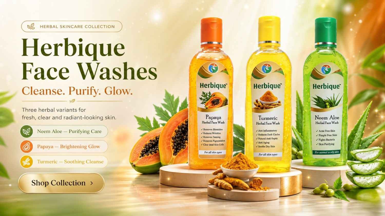 Herbique herbal face wash collection with turmeric papaya and neem aloe