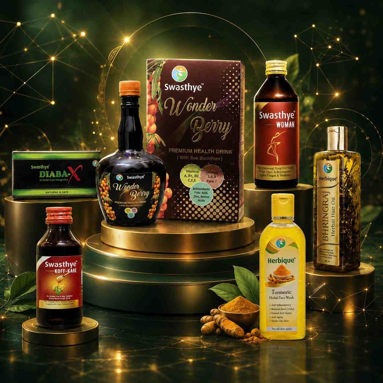 Premium Joilife Ayurvedic wellness product collection including Wonder Berry, Diaba-X, Swasthye Woman, Bhringraj Hair Oil, Koff-Kare and Turmeric Face Wash